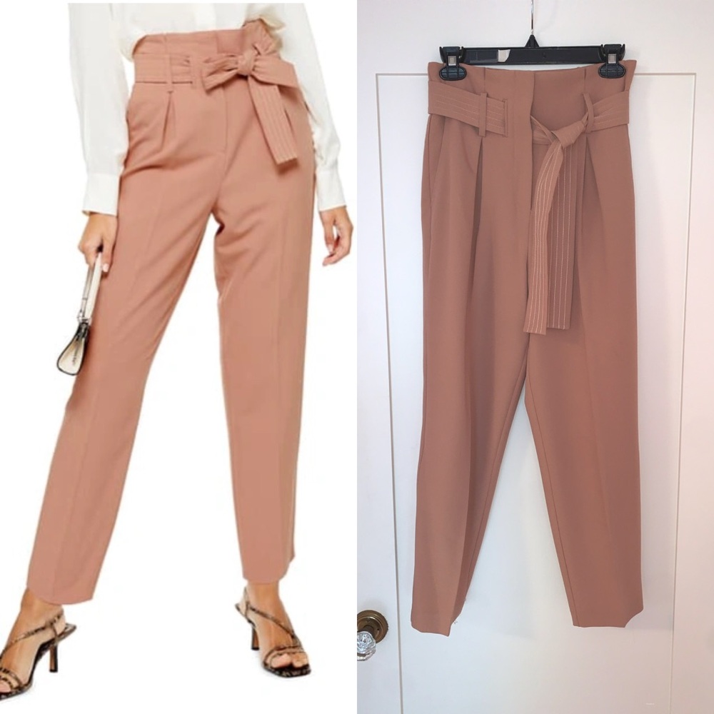Topshop High-Waisted - Terri Belted Straight Leg Trousers Nude Pink